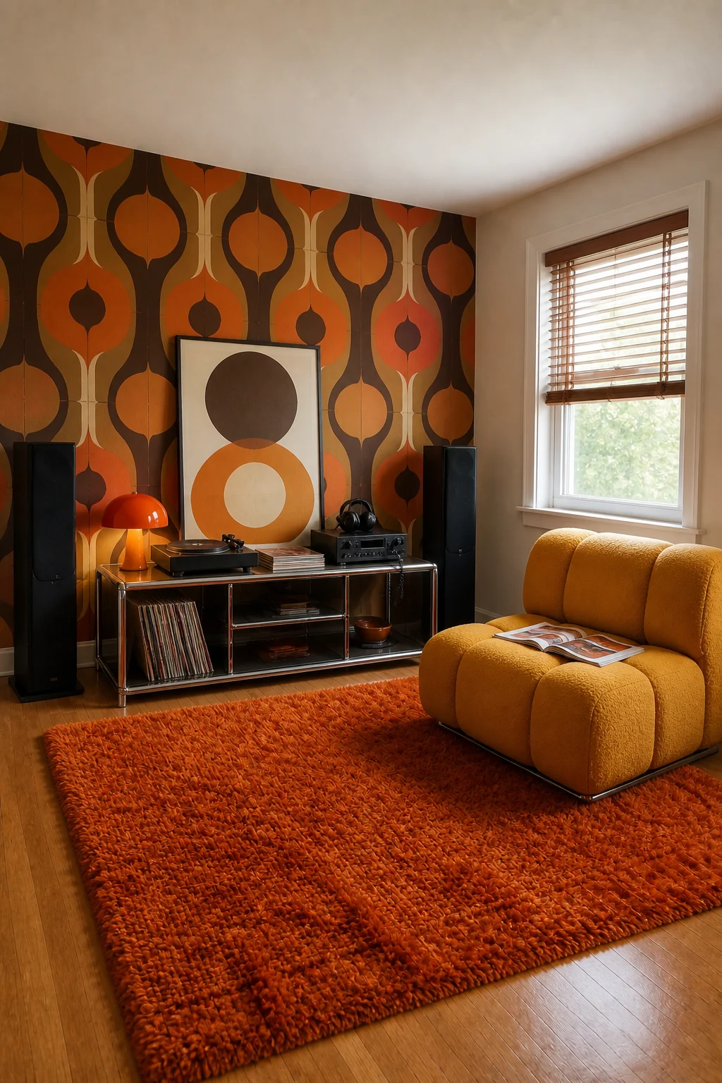 The same room styled as 70s Retro