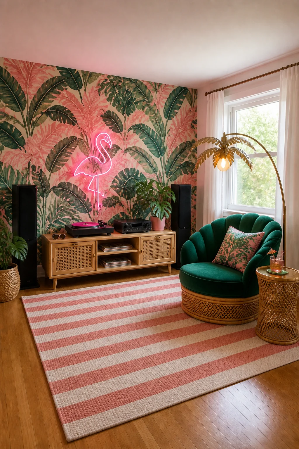The same room styled as Tropical Deco