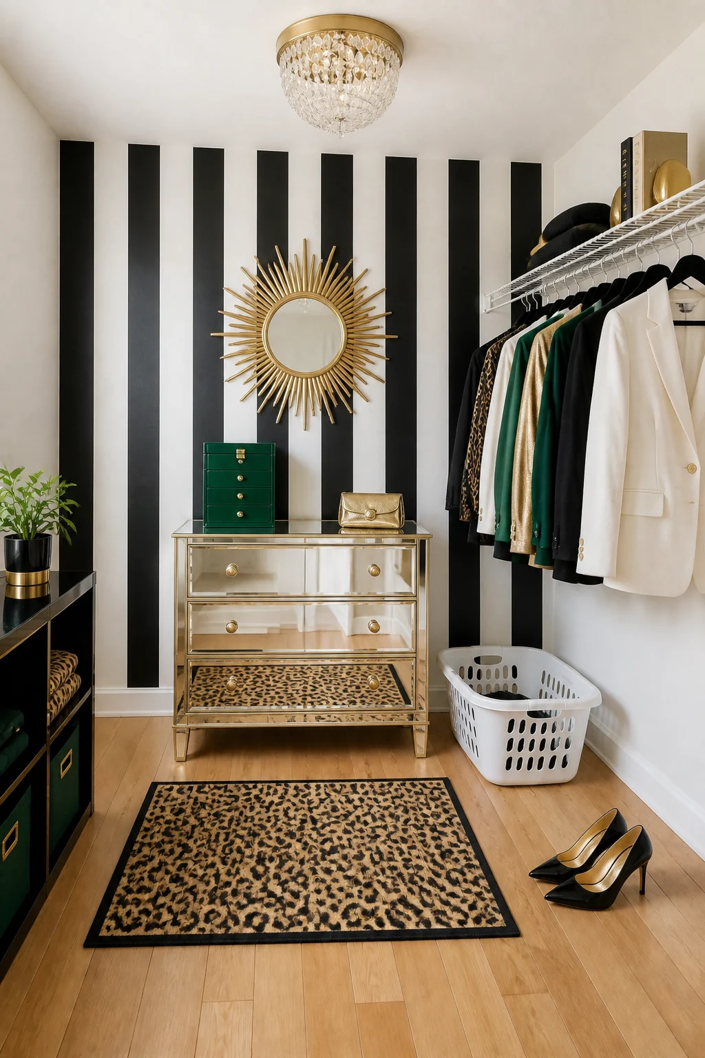 The same room styled as Hollywood Regency