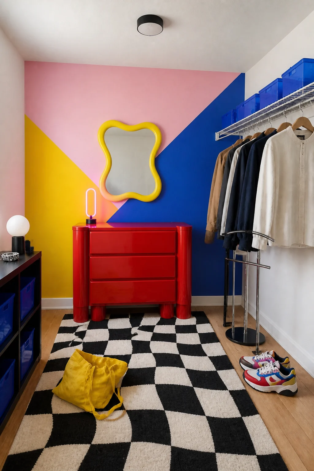 The same room styled as Memphis Retro
