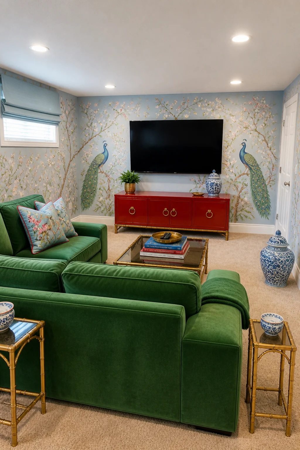 The same room styled as Chinoiserie Glam