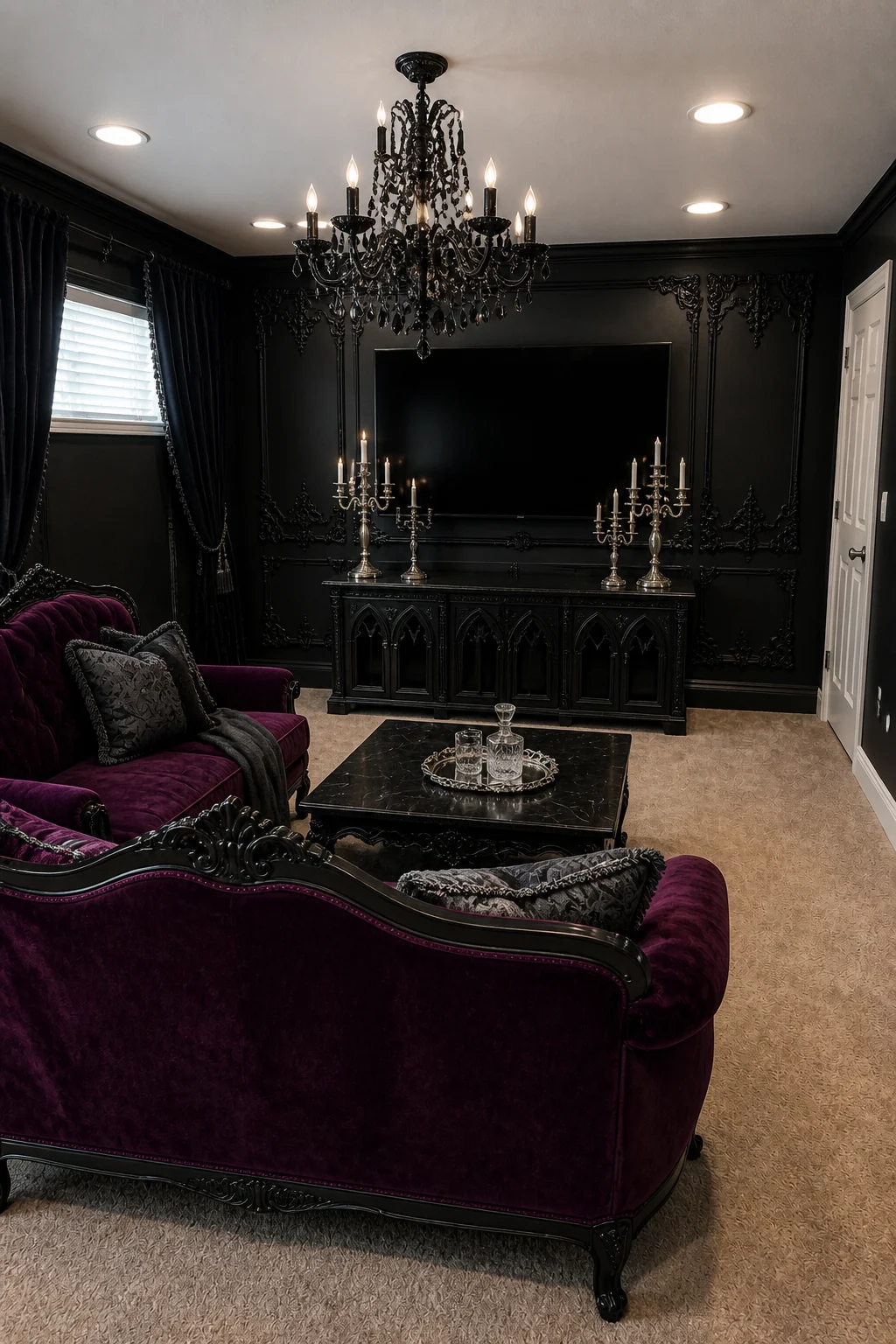 The same room styled as Gothic Victorian Glam