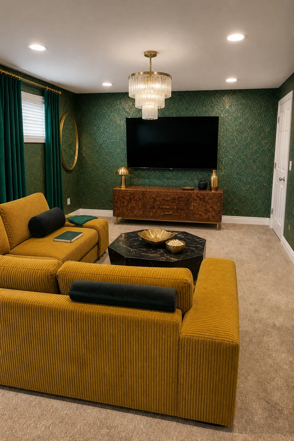 The same room styled as Jewel-Box Art Deco