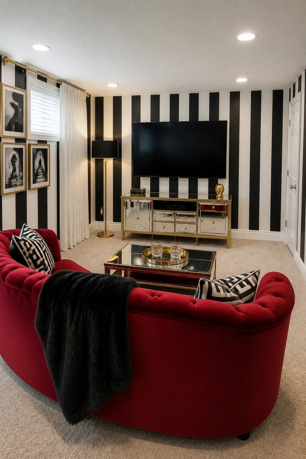 The same room styled as Old Hollywood Regency