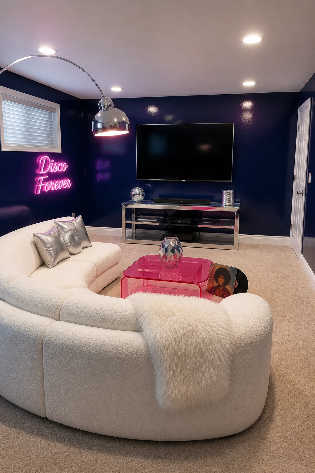 The same room styled as 70s Disco Glam