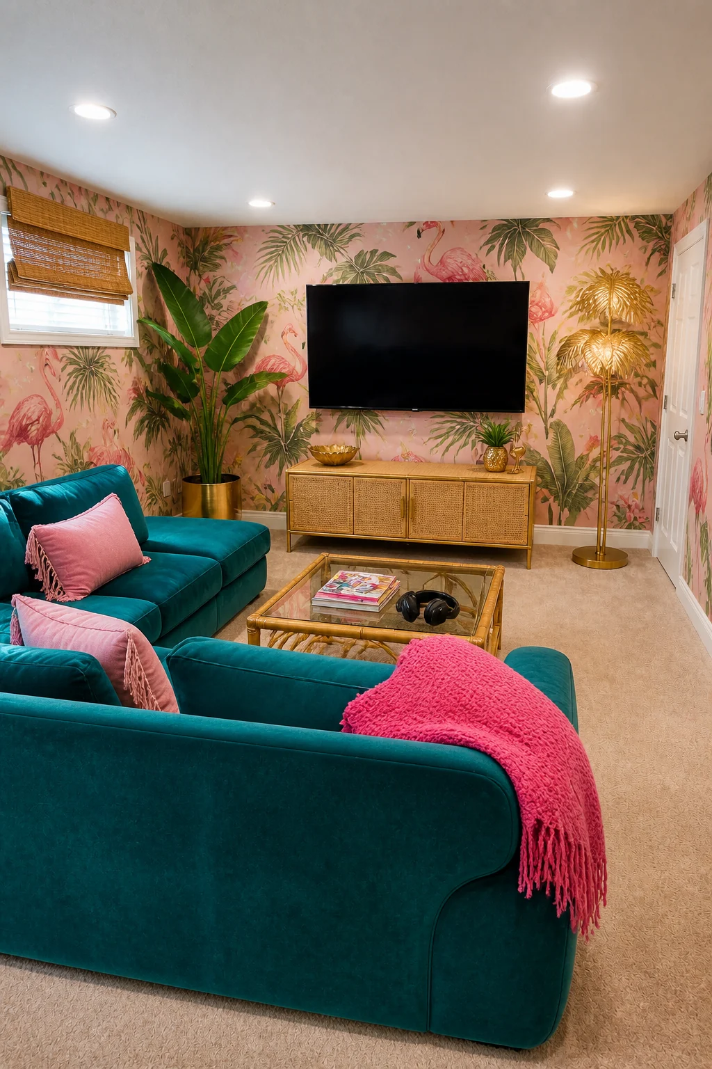 The same room styled as Tropical Maximalist