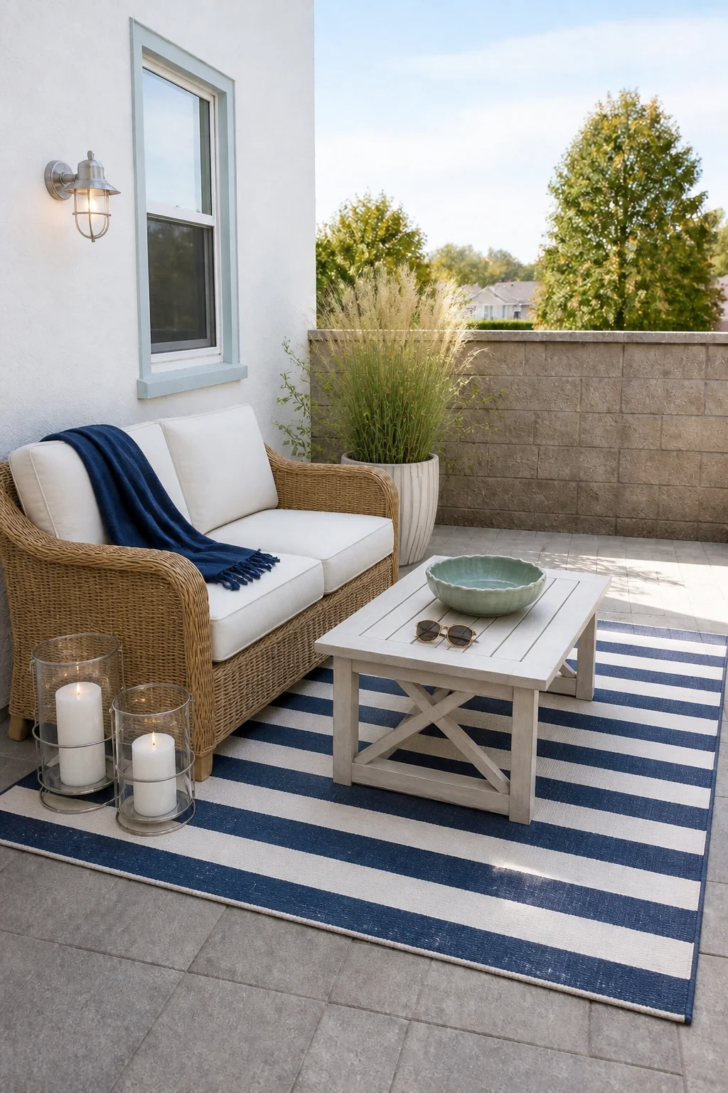 The same room styled as Coastal Farmhouse
