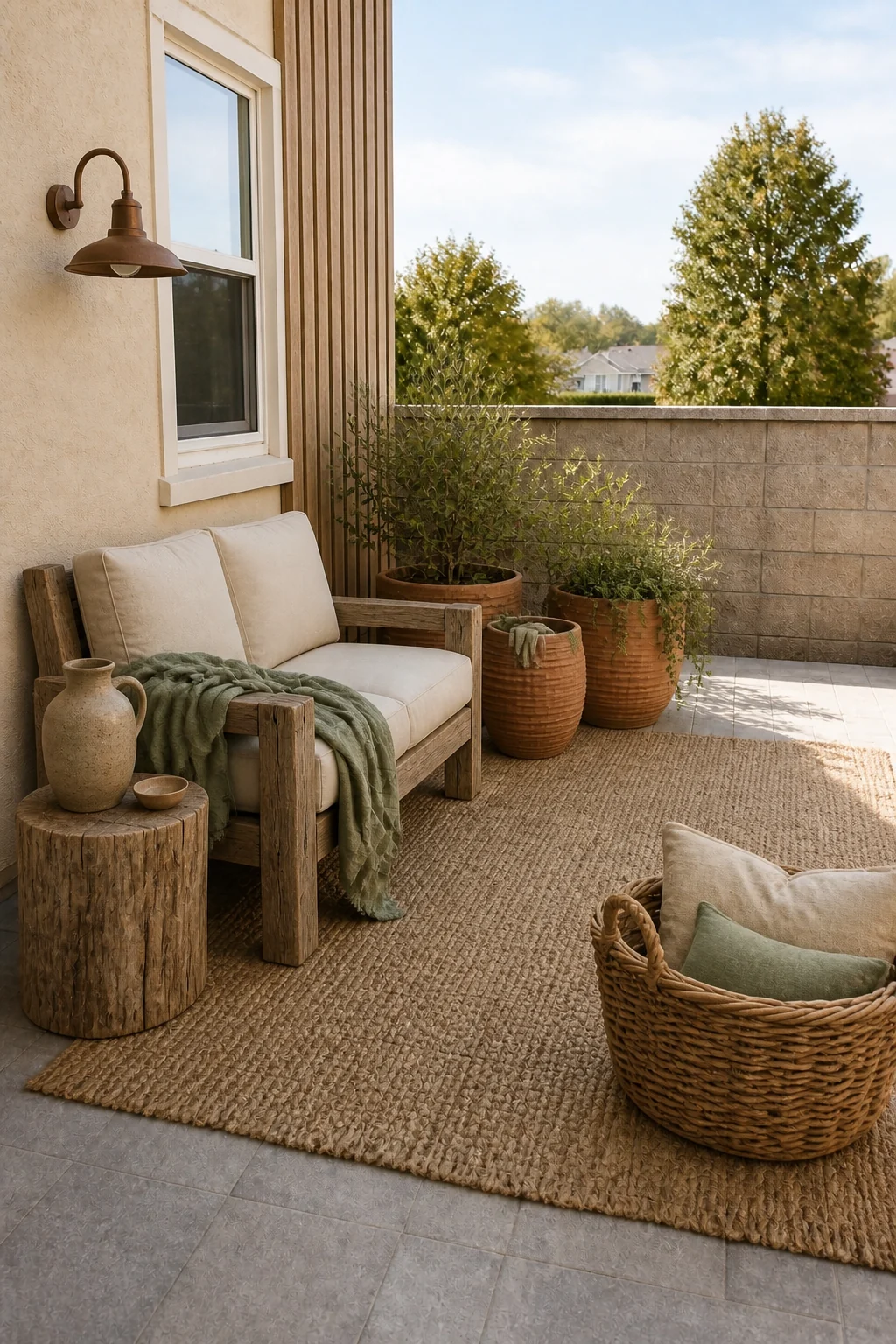 The same room styled as Rustic Organic