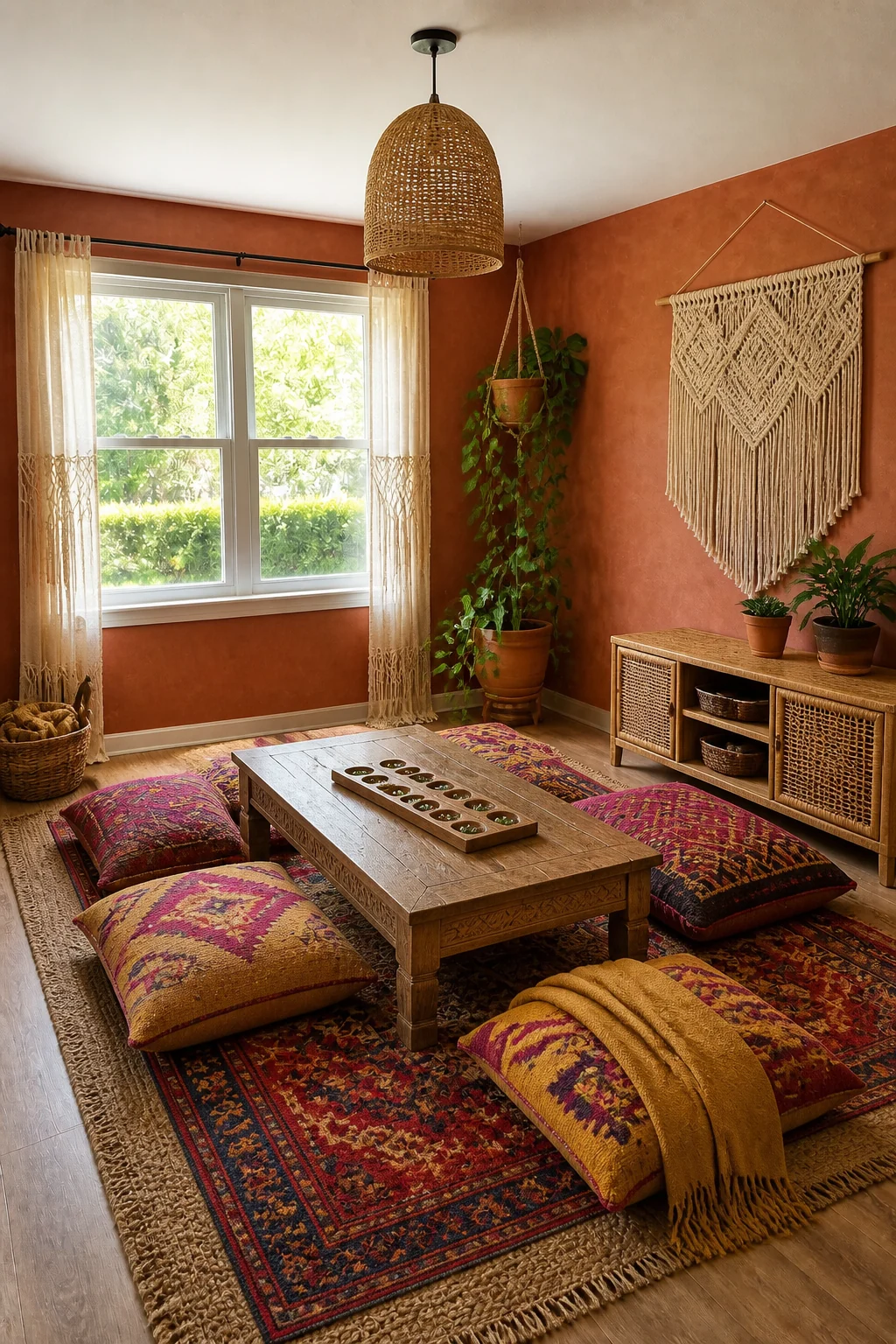 The same room styled as Global Boho