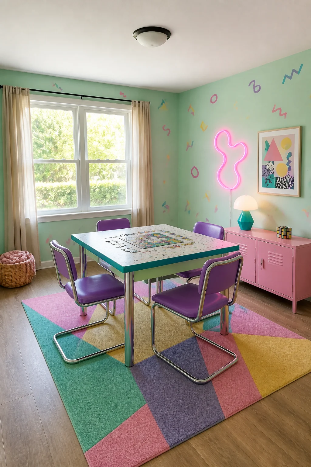 The same room styled as Retro Memphis