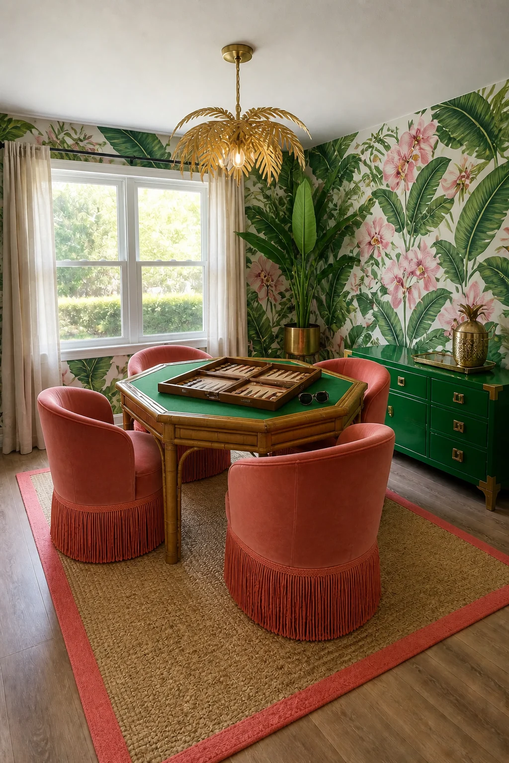 The same room styled as Palm Beach