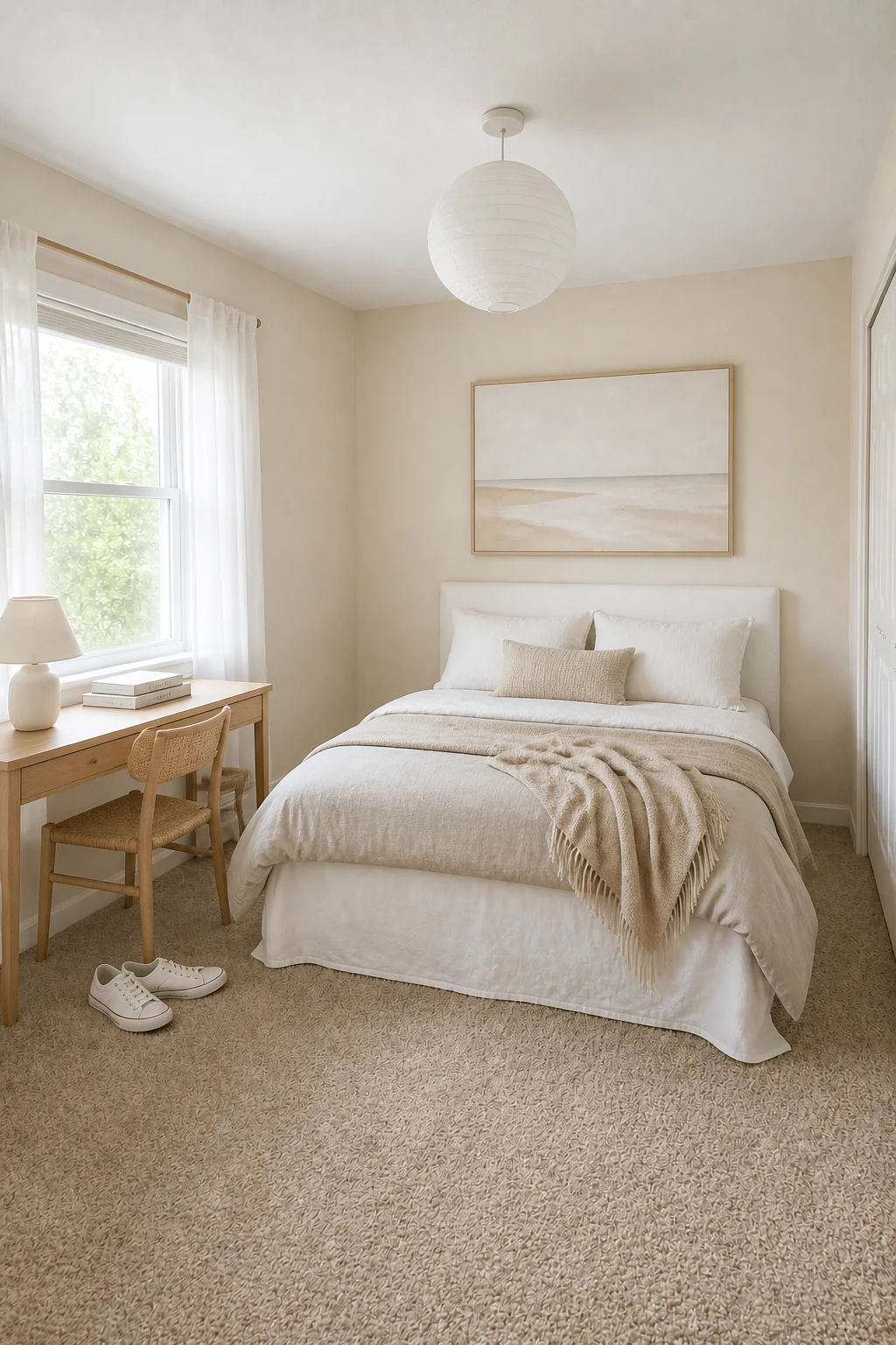 The same room styled as Minimalist Sand