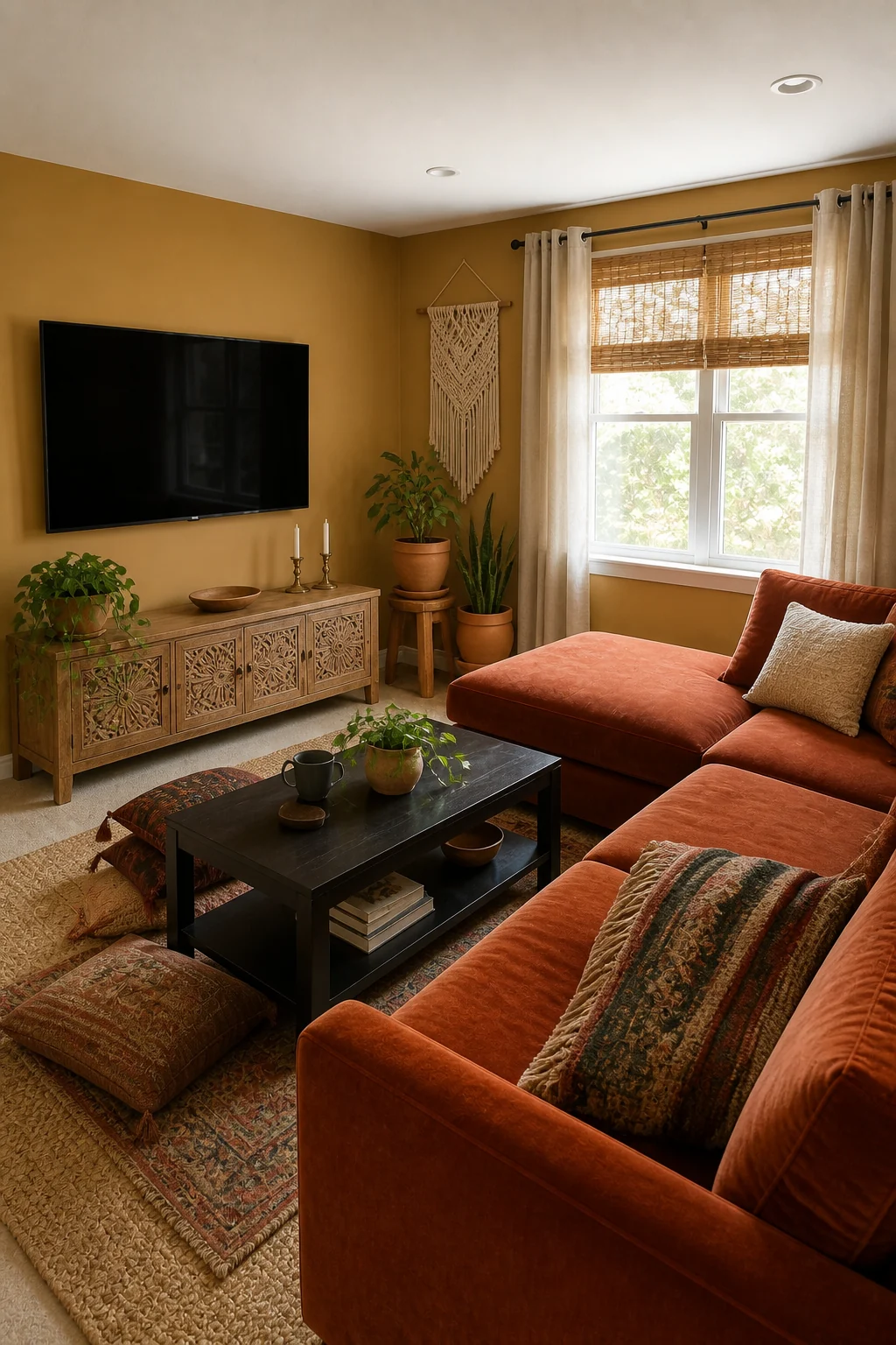 The same room styled as Earthy Boho