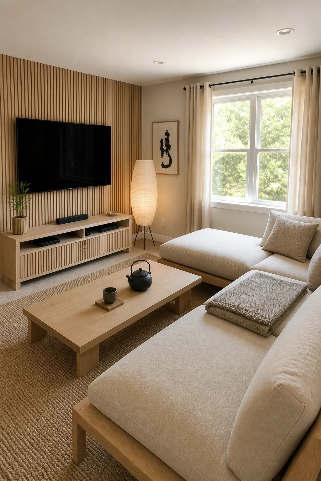 The same room styled as Japandi Zen
