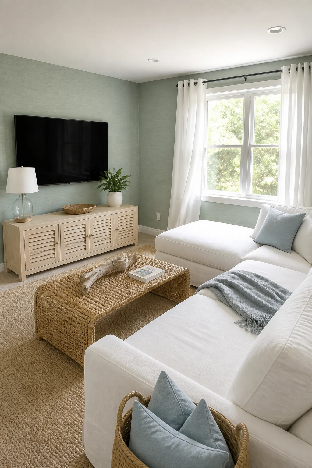 The same room styled as Modern Coastal