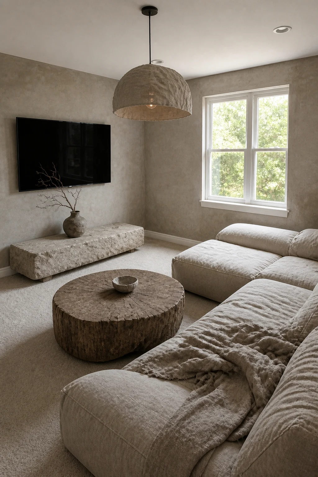 The same room styled as Wabi-Sabi