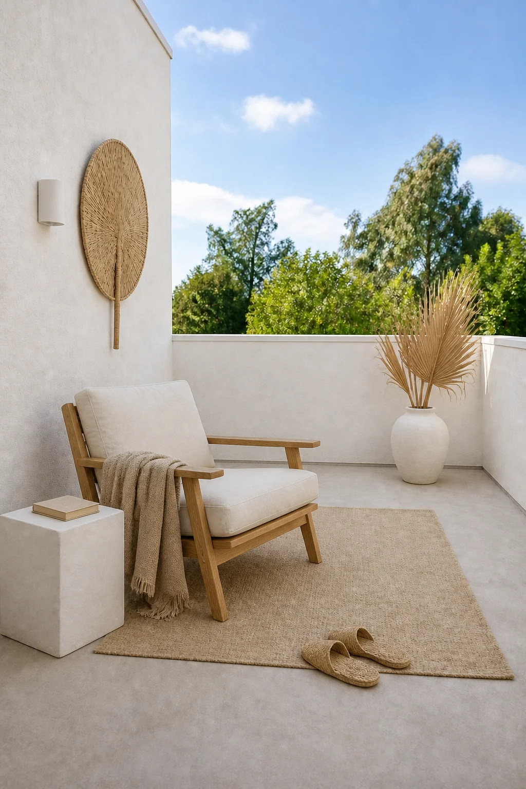 The same room styled as Balearic Minimalist