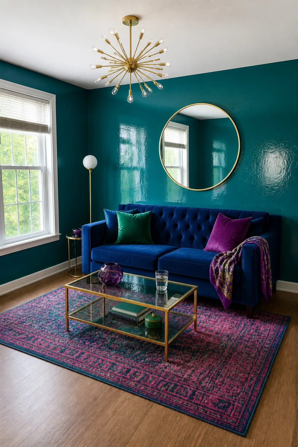 The same room styled as Jewel Box Glam