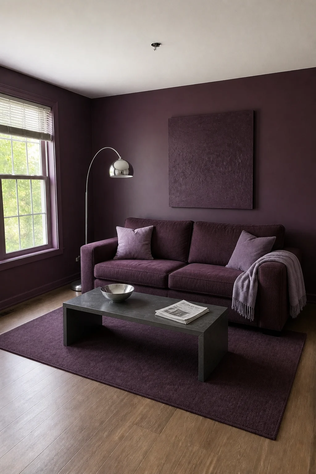 The same room styled as Monochromatic Plum