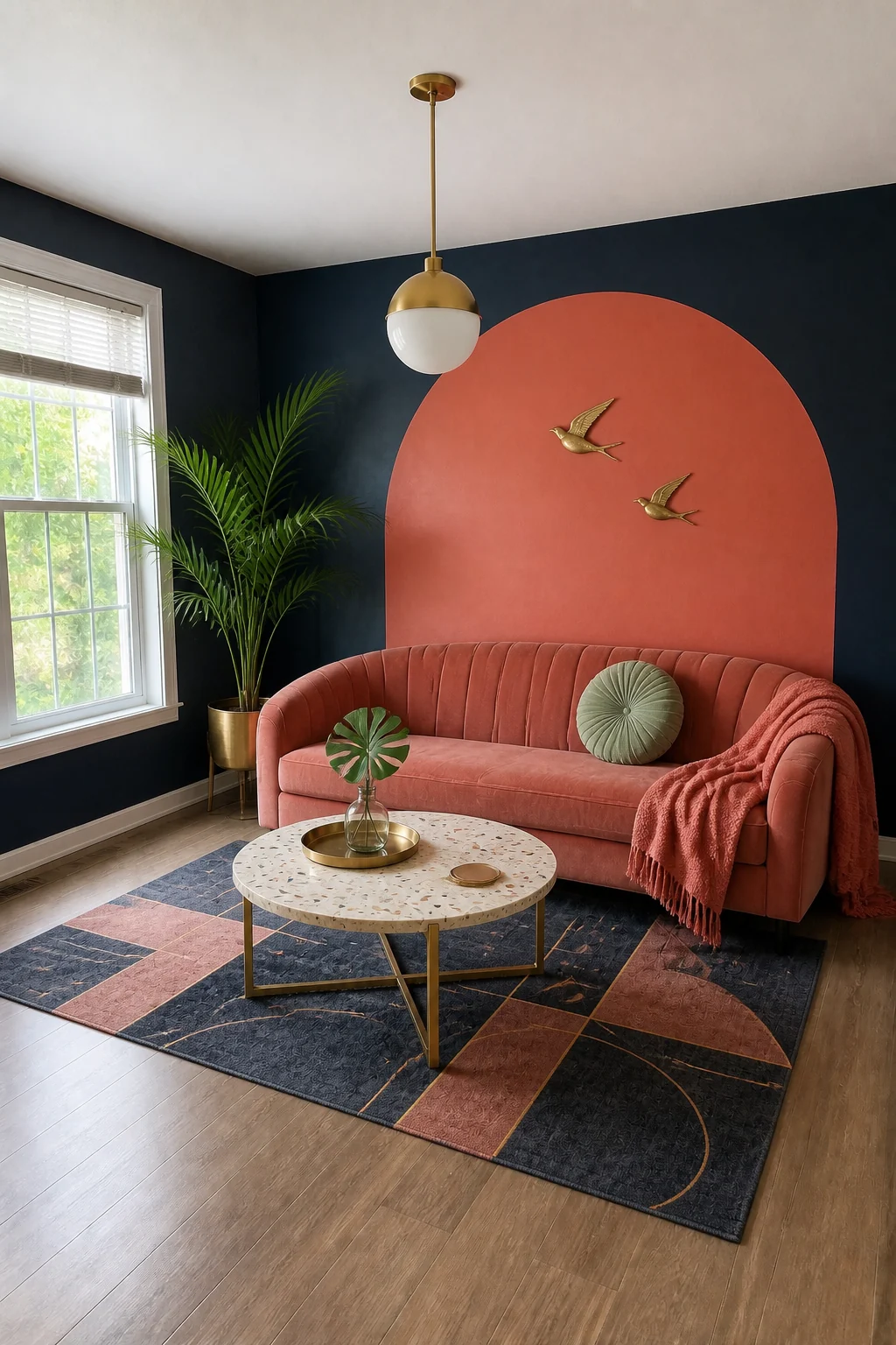 The same room styled as Sunset Deco