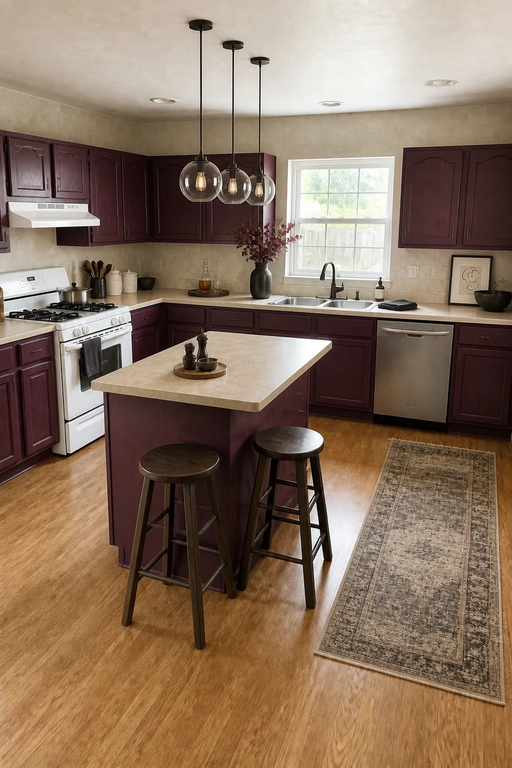 The same room styled as Aubergine & Greige