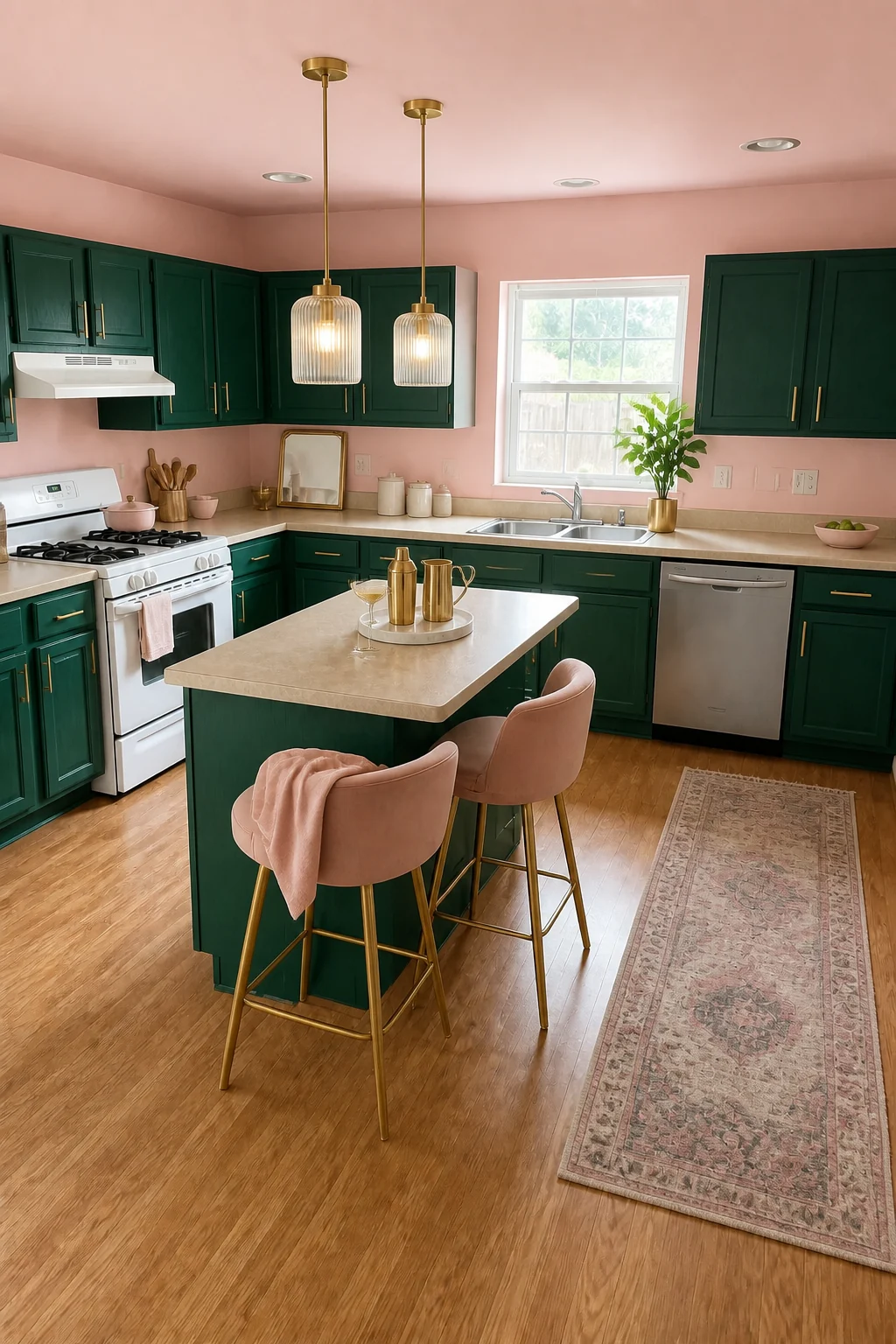 The same room styled as Emerald & Blush