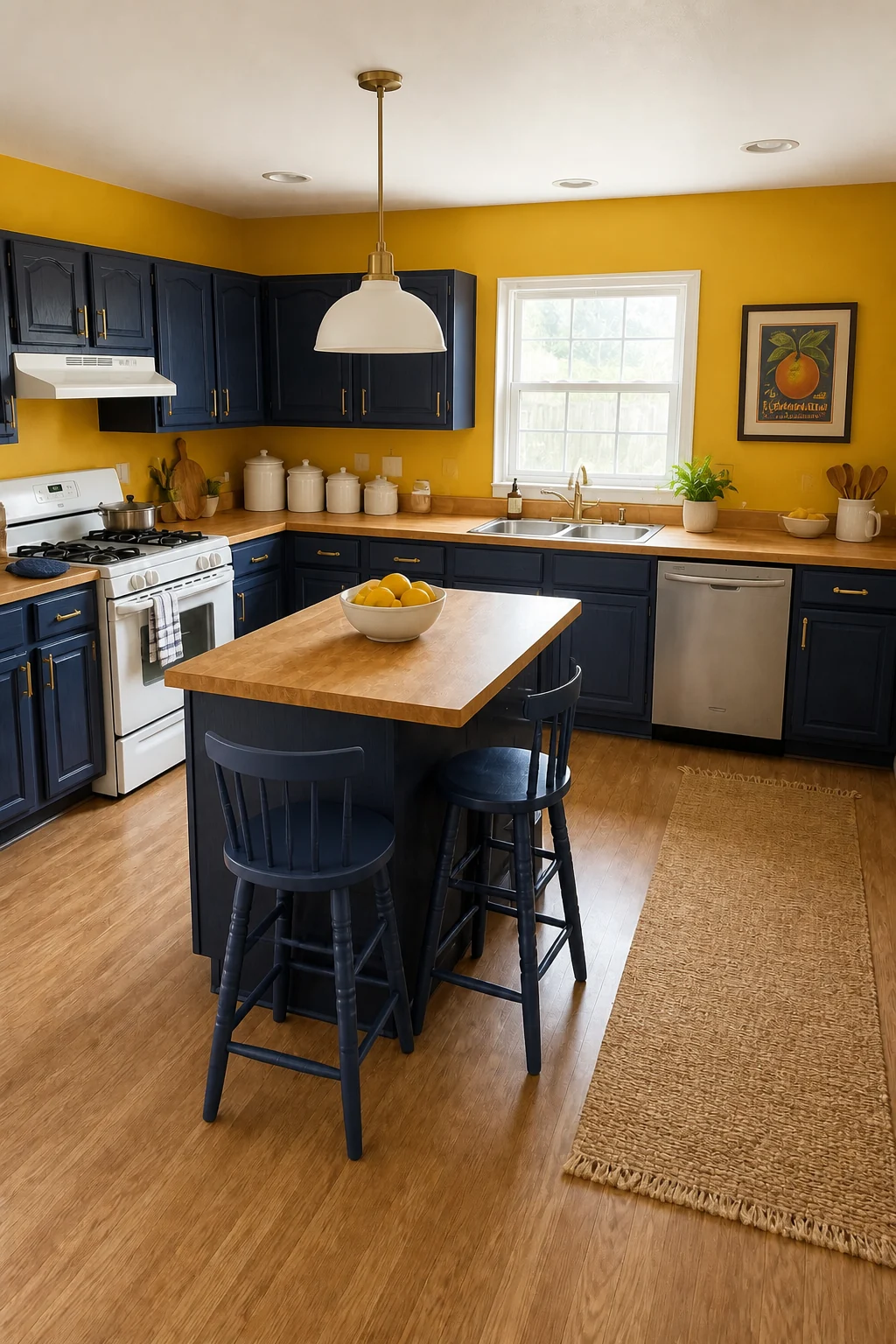The same room styled as Mustard & Navy