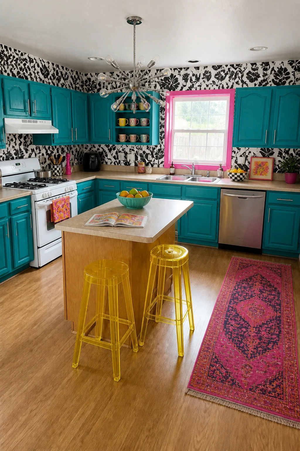 The same room styled as Neon Maximalist