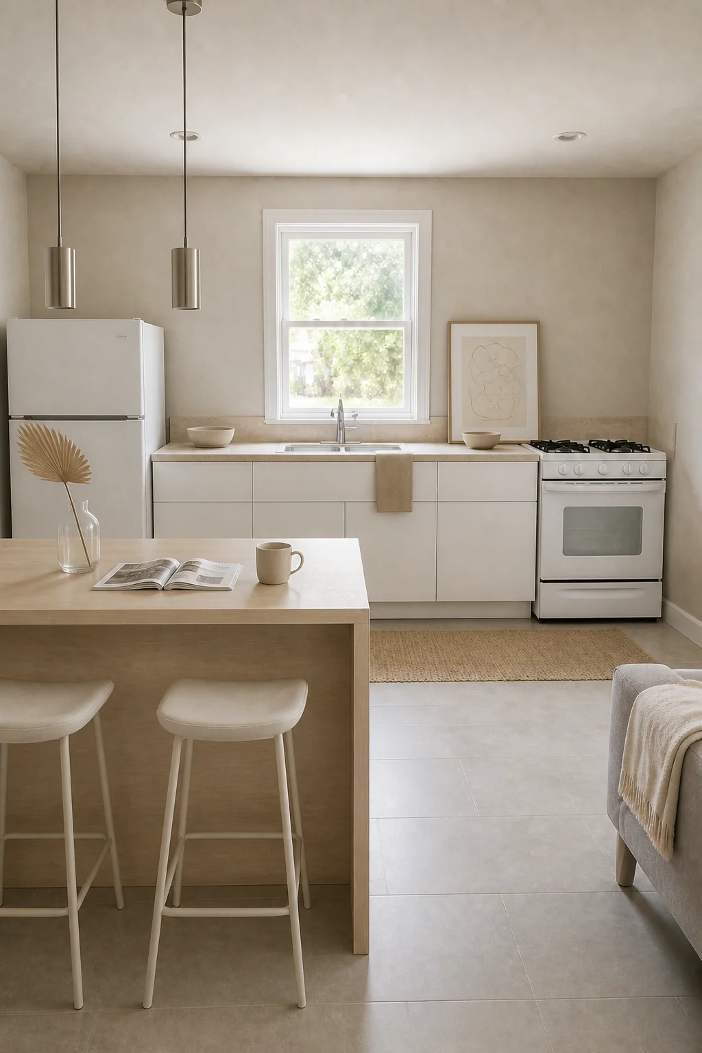 The same room styled as Desert Sand Minimalist