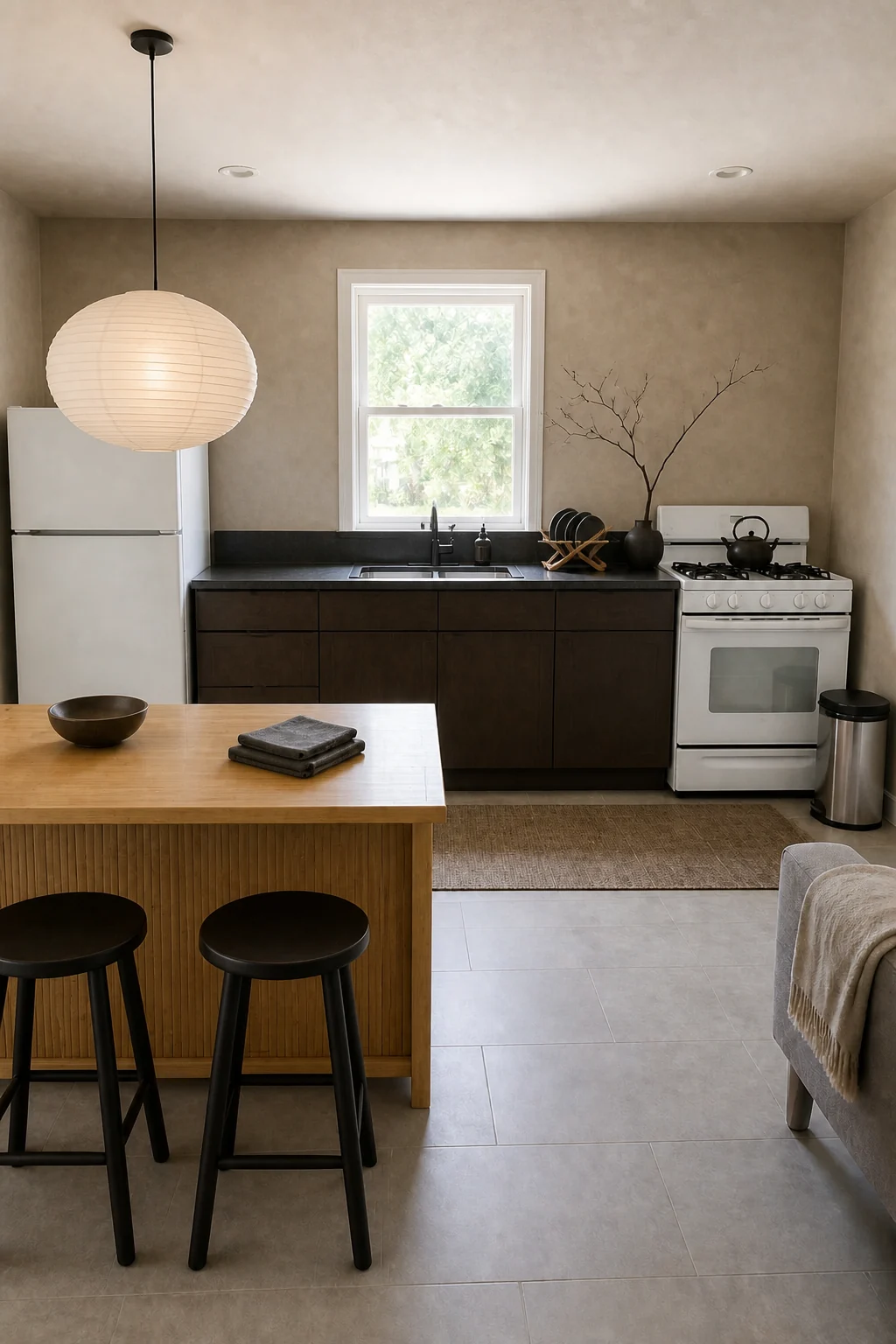 The same room styled as Espresso & Clay Japandi