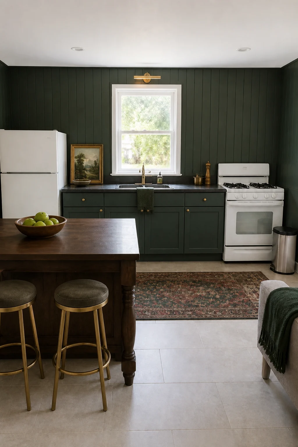 The same room styled as Moody Forest Green