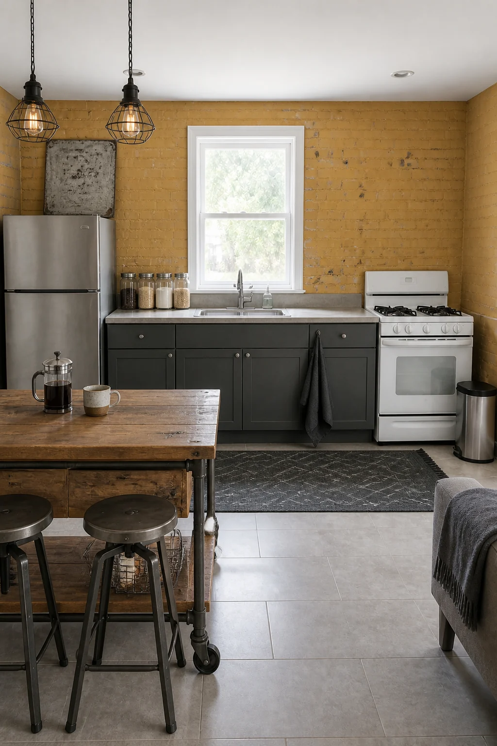 The same room styled as Ochre & Charcoal Industrial