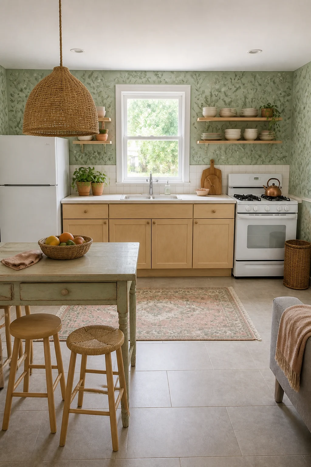 The same room styled as Sage & Rattan Boho