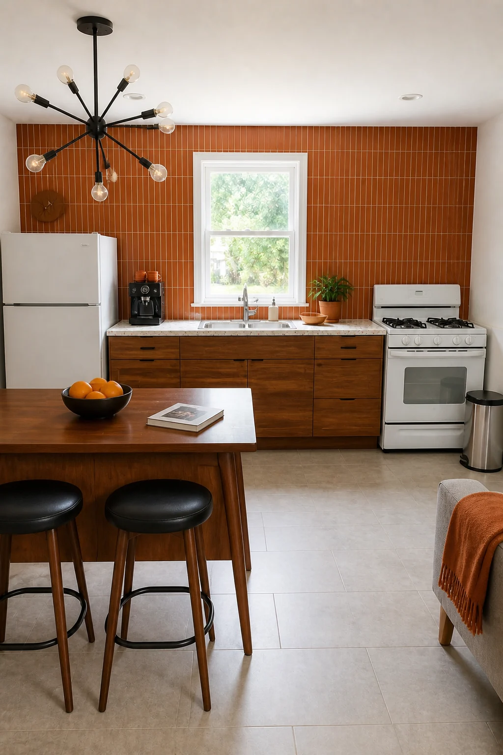 The same room styled as Warm Rust Mid-Century