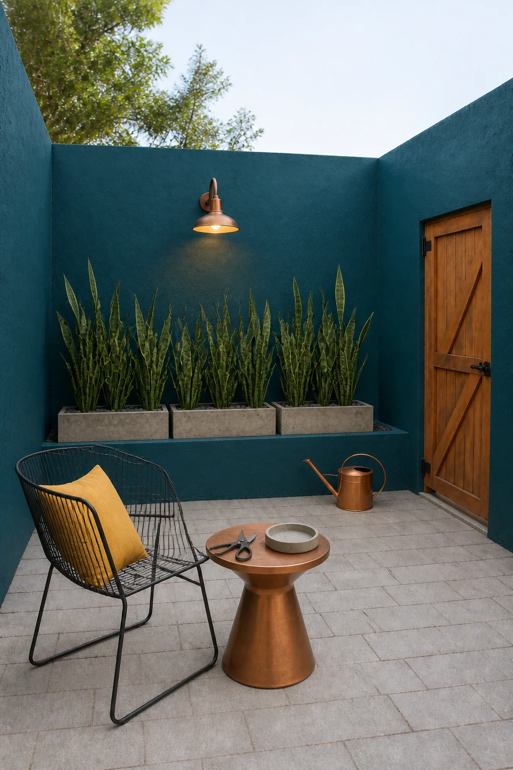 The same room styled as Teal Industrial