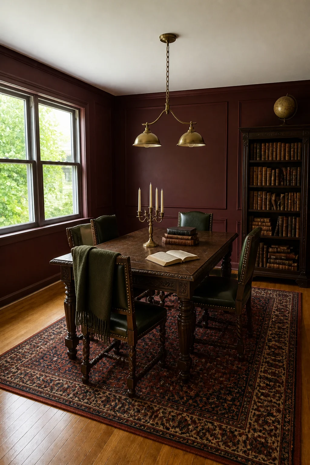 The same room styled as Burgundy Dark Academia