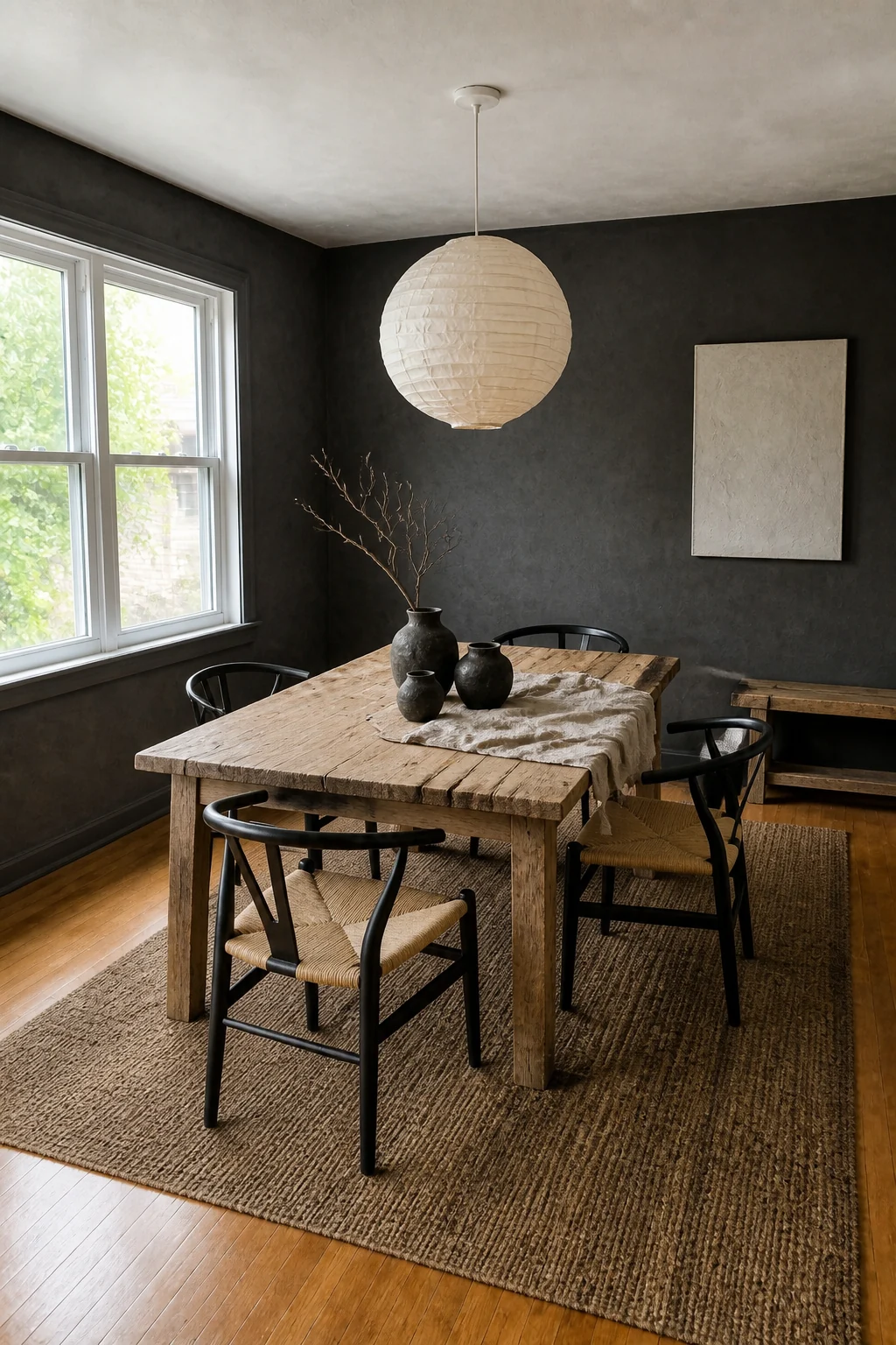 The same room styled as Charcoal Wabi-Sabi