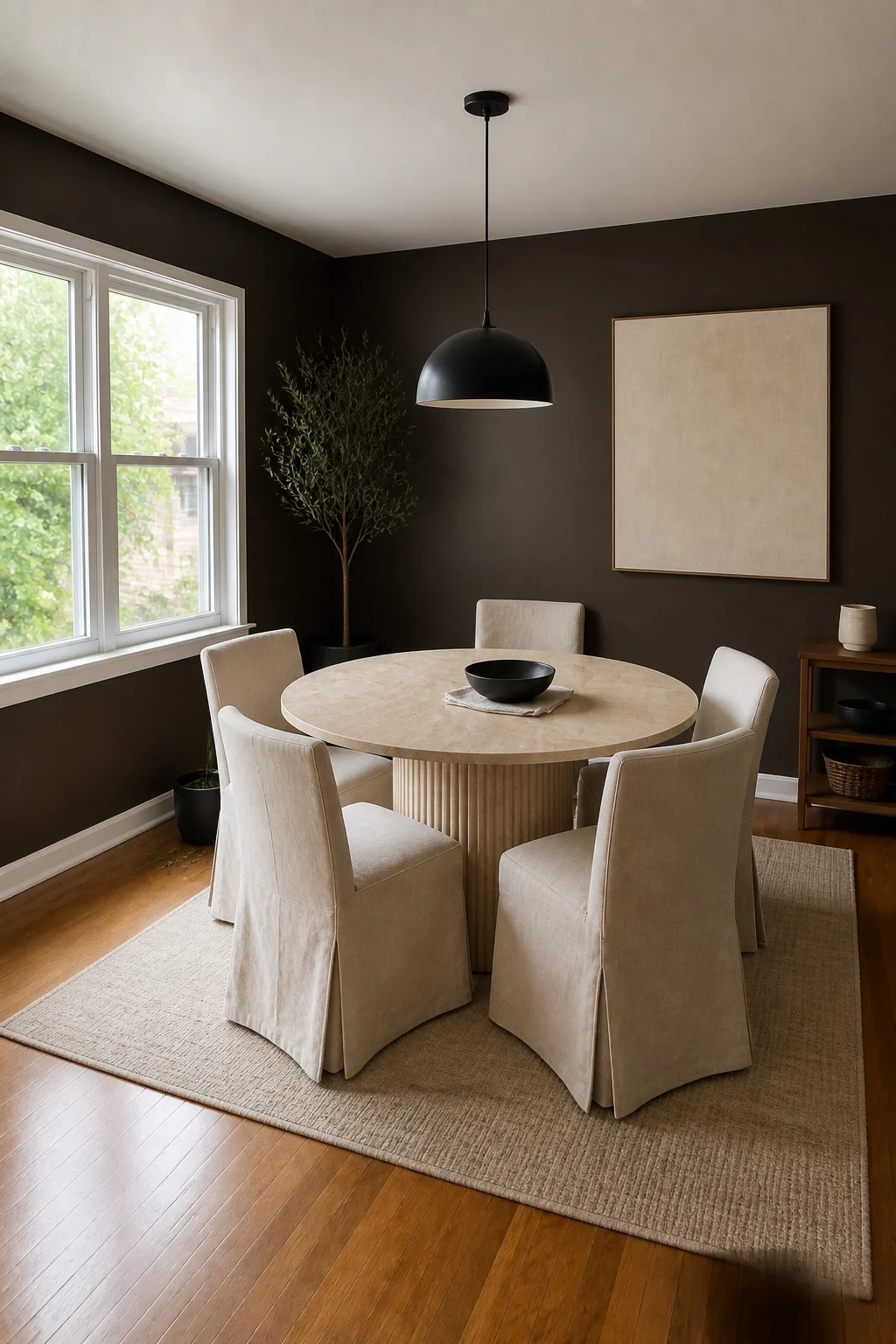 The same room styled as Espresso Minimalist