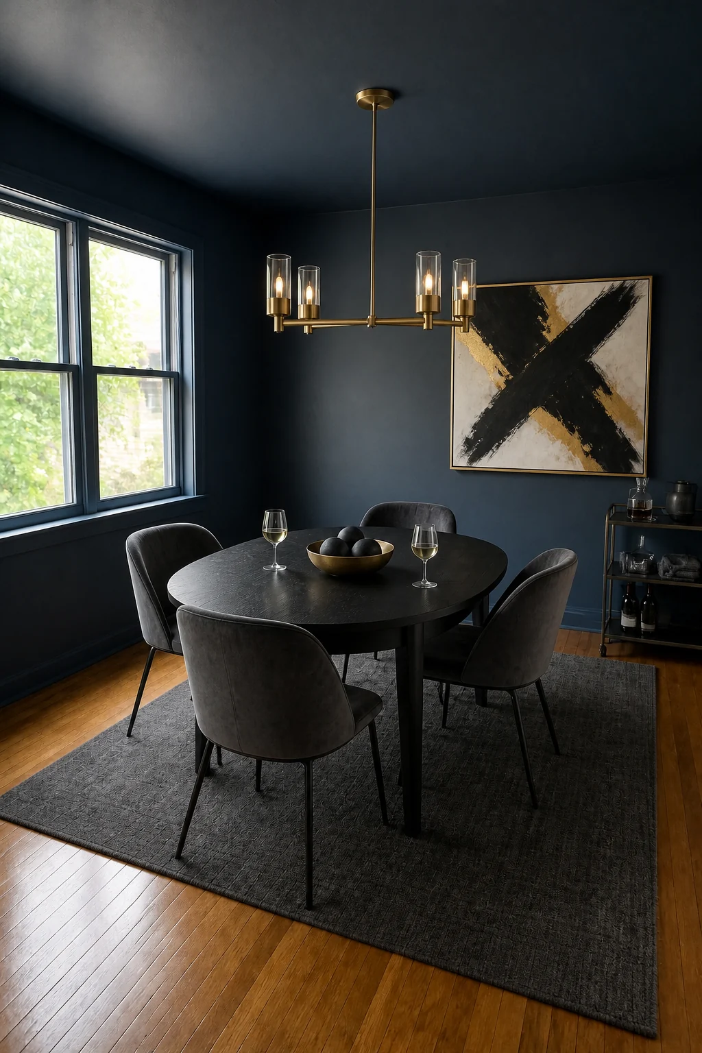 The same room styled as Midnight Blue Modern