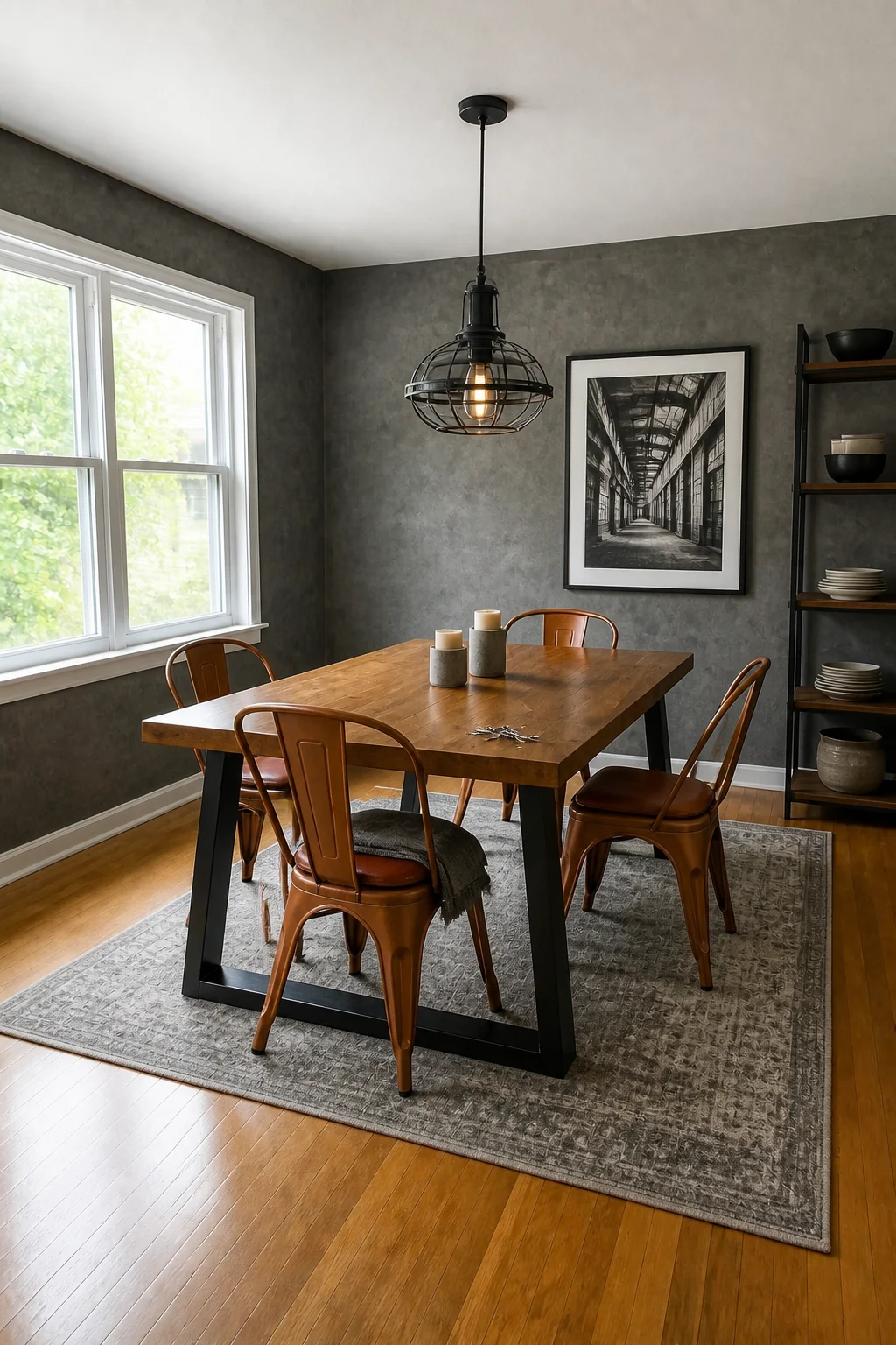 The same room styled as Slate Gray Industrial