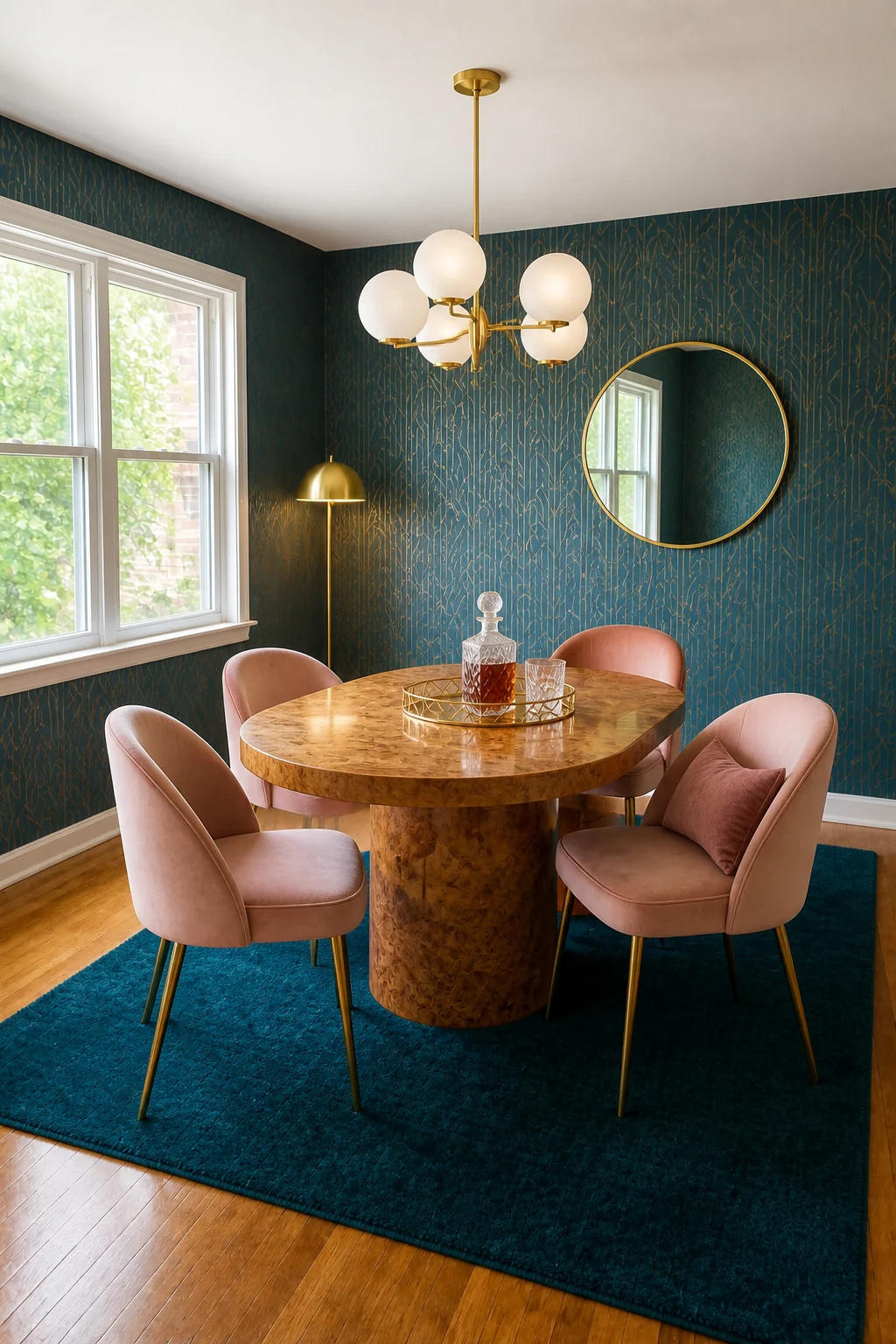 The same room styled as Teal Art Deco