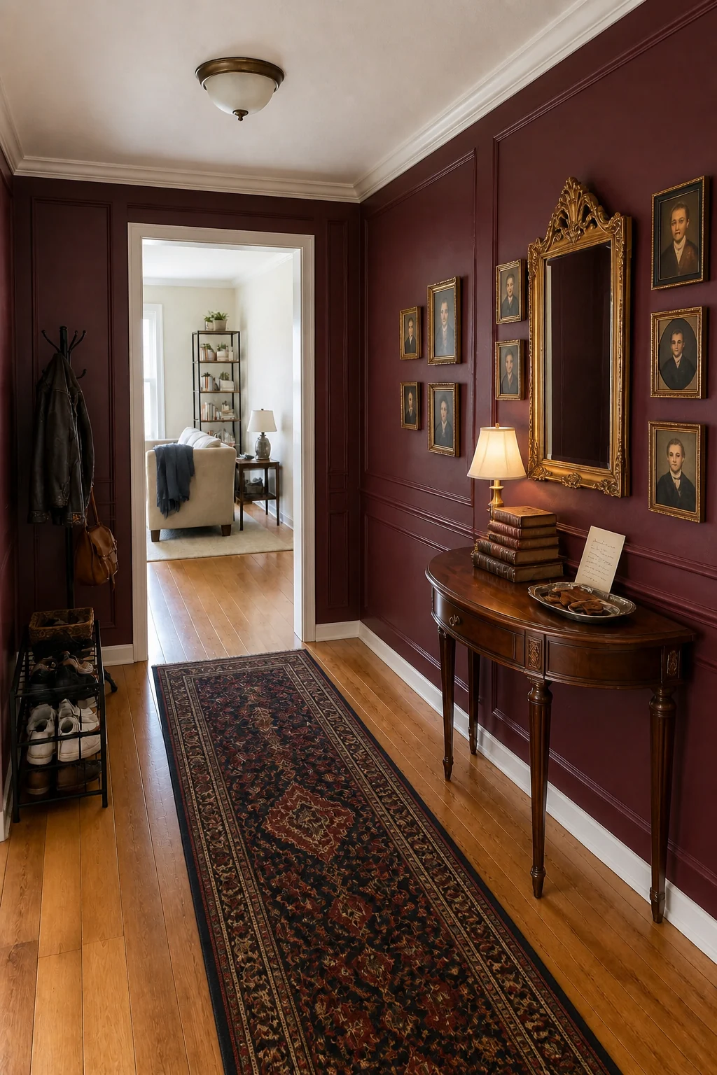 The same room styled as Burgundy Dark Academia