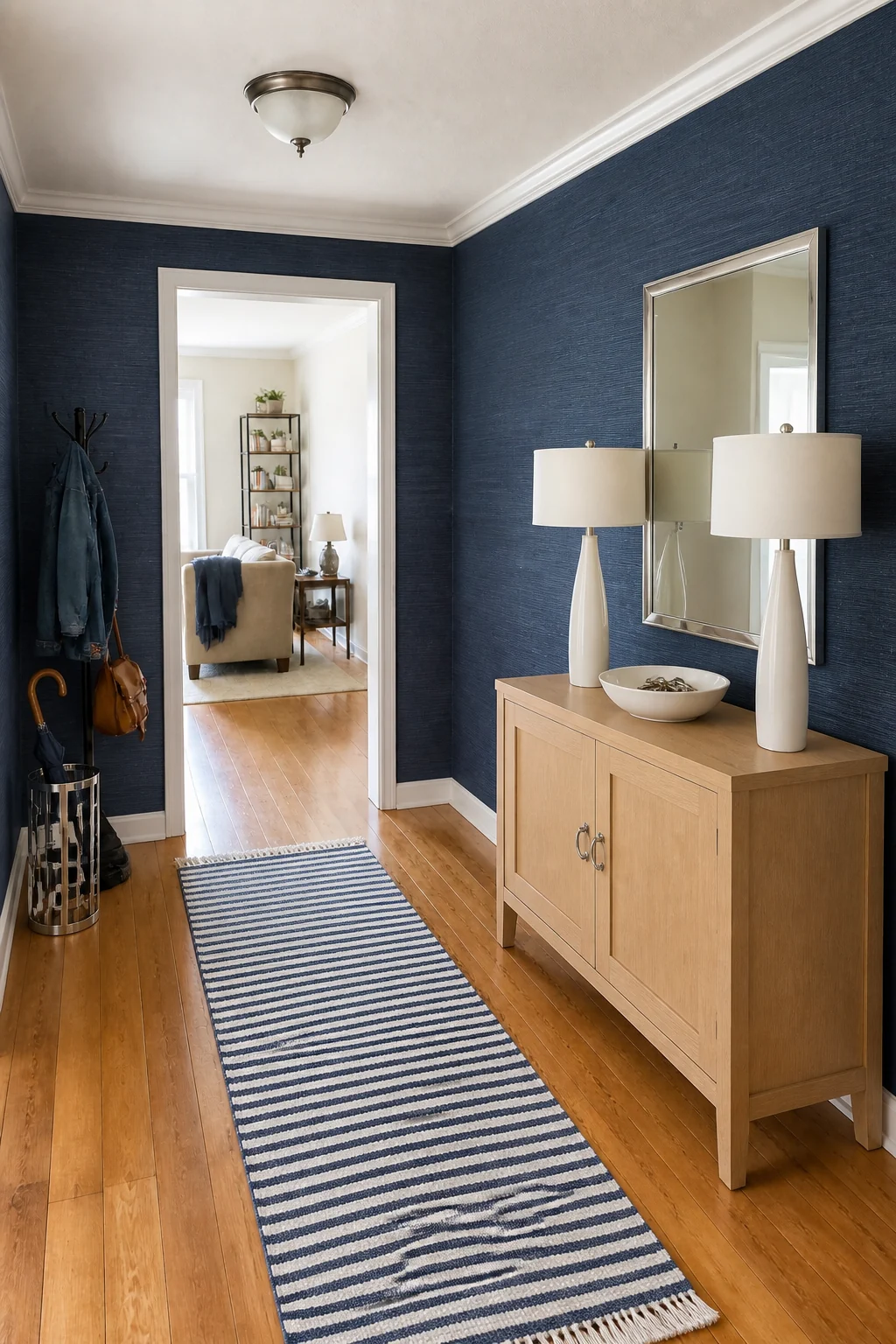 The same room styled as Navy Transitional