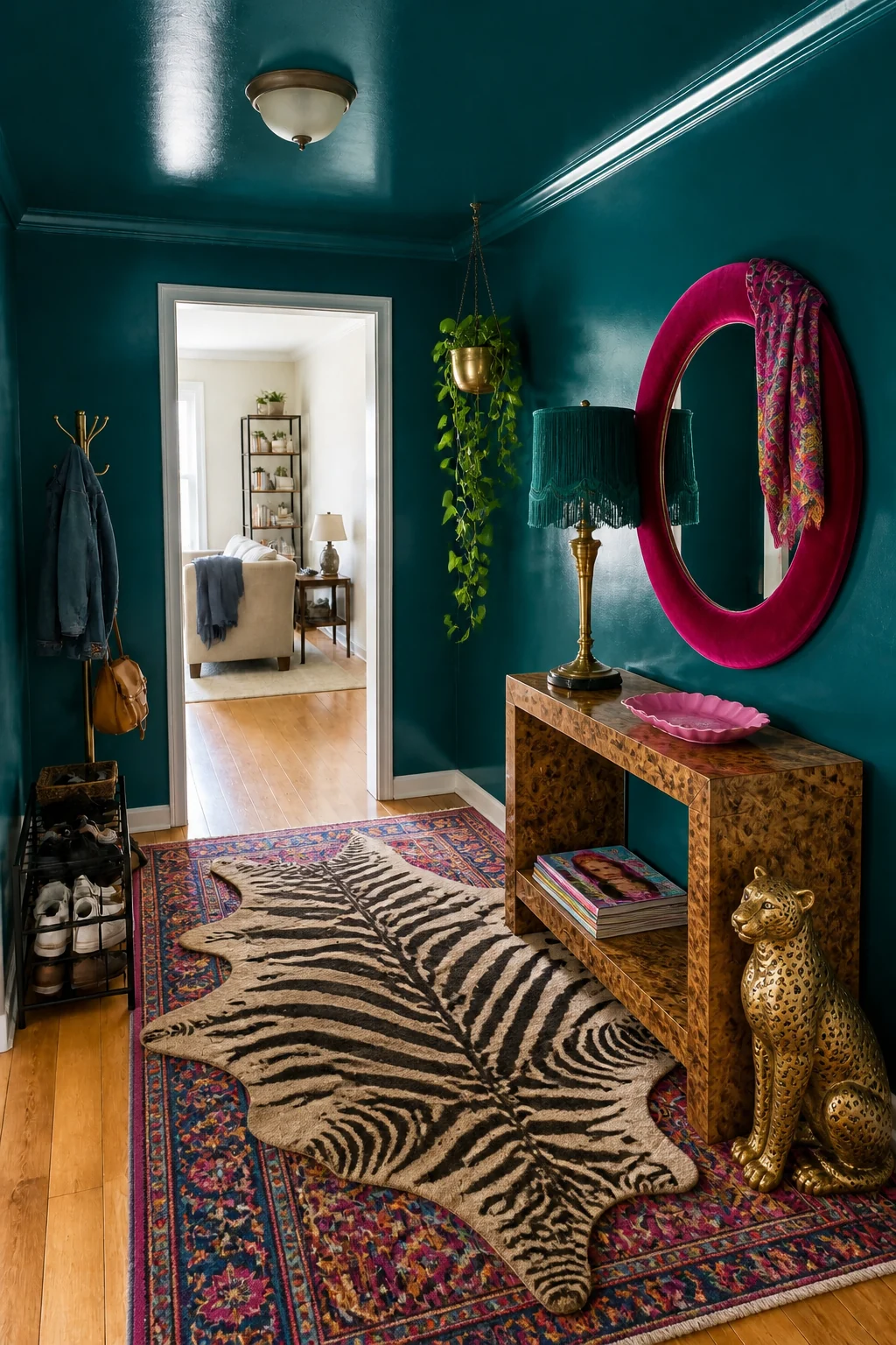 The same room styled as Teal Maximalist