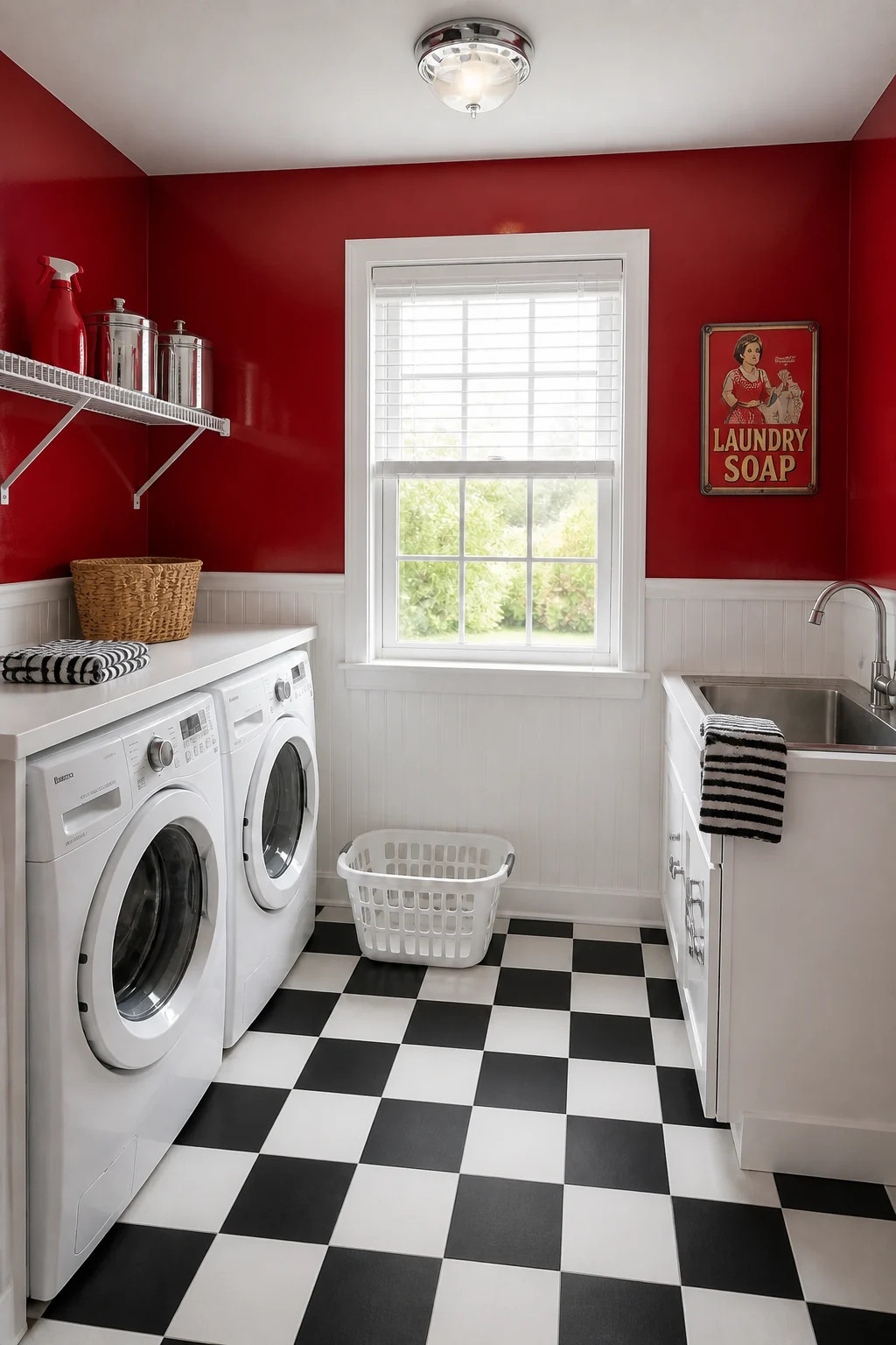The same room styled as Crimson & Checkerboard