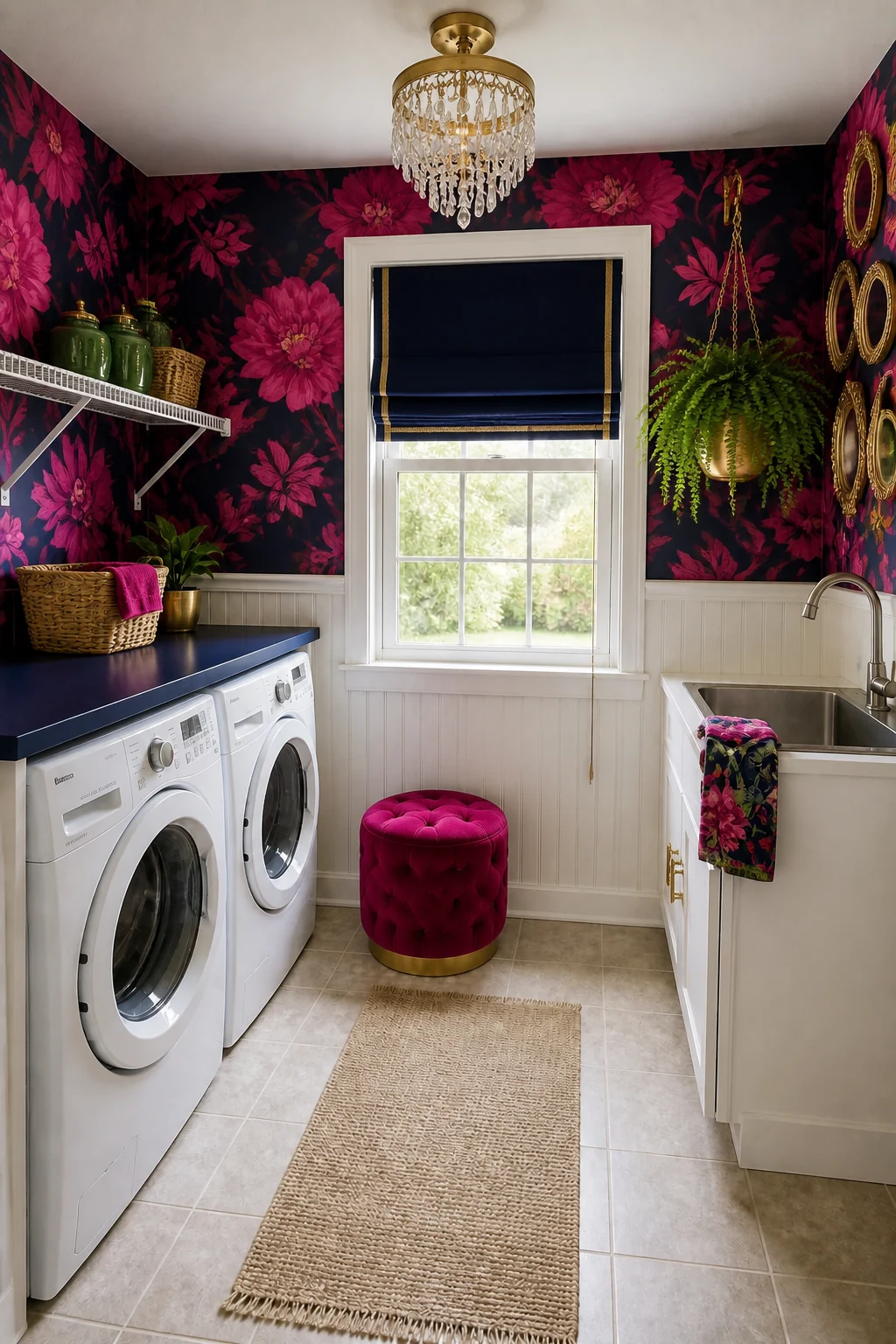 The same room styled as Magenta & Navy