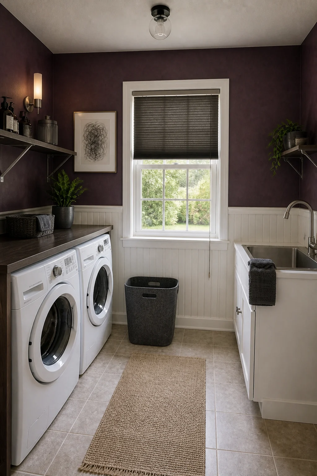 The same room styled as Plum & Charcoal