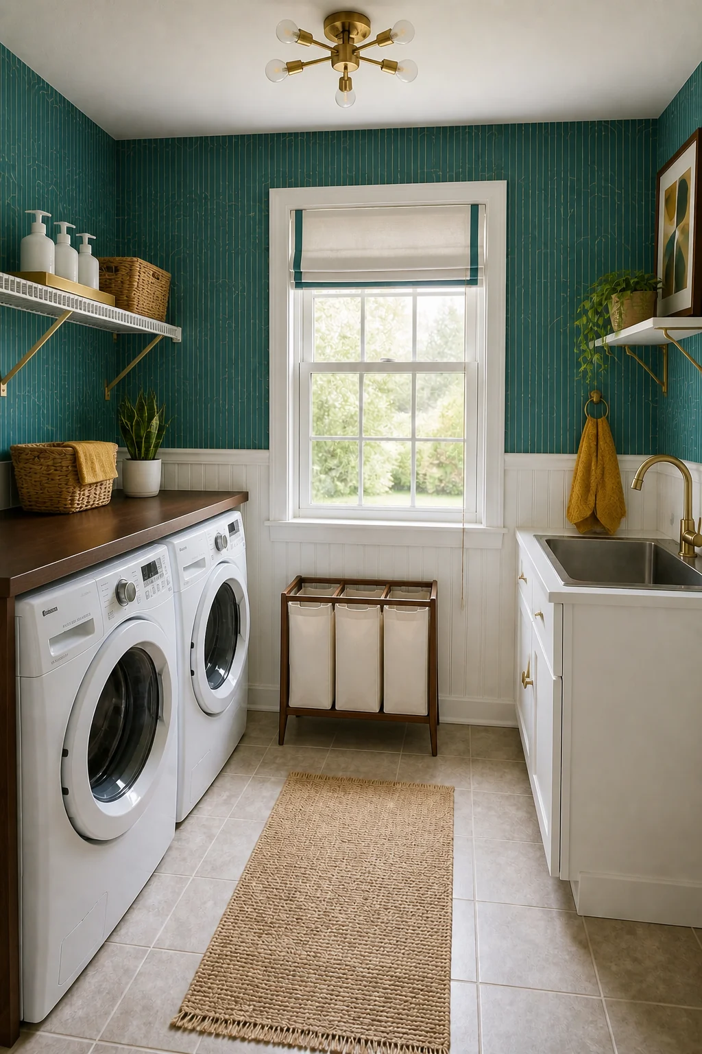 The same room styled as Teal & Walnut