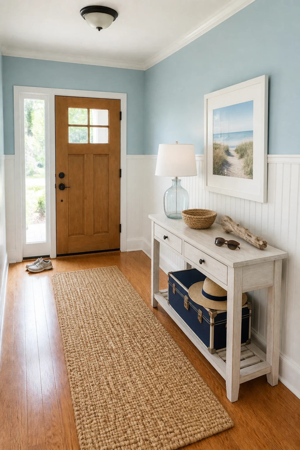 The same room styled as Summer Coastal