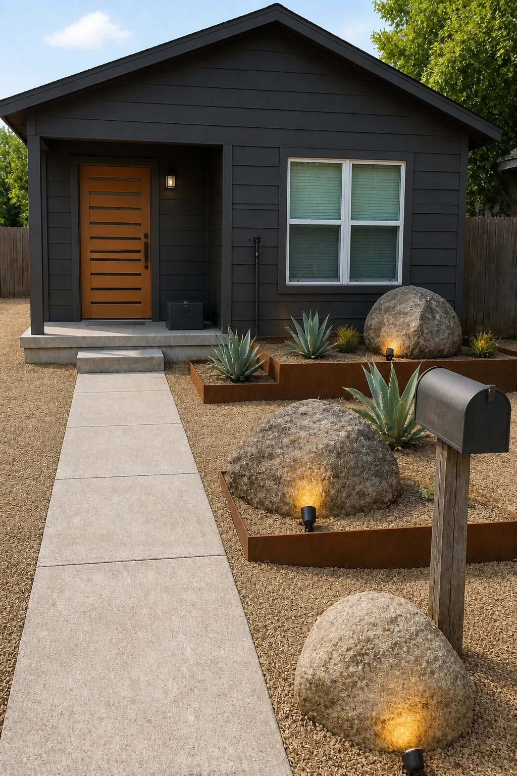 The same room styled as $14,000 Corten & Boulders
